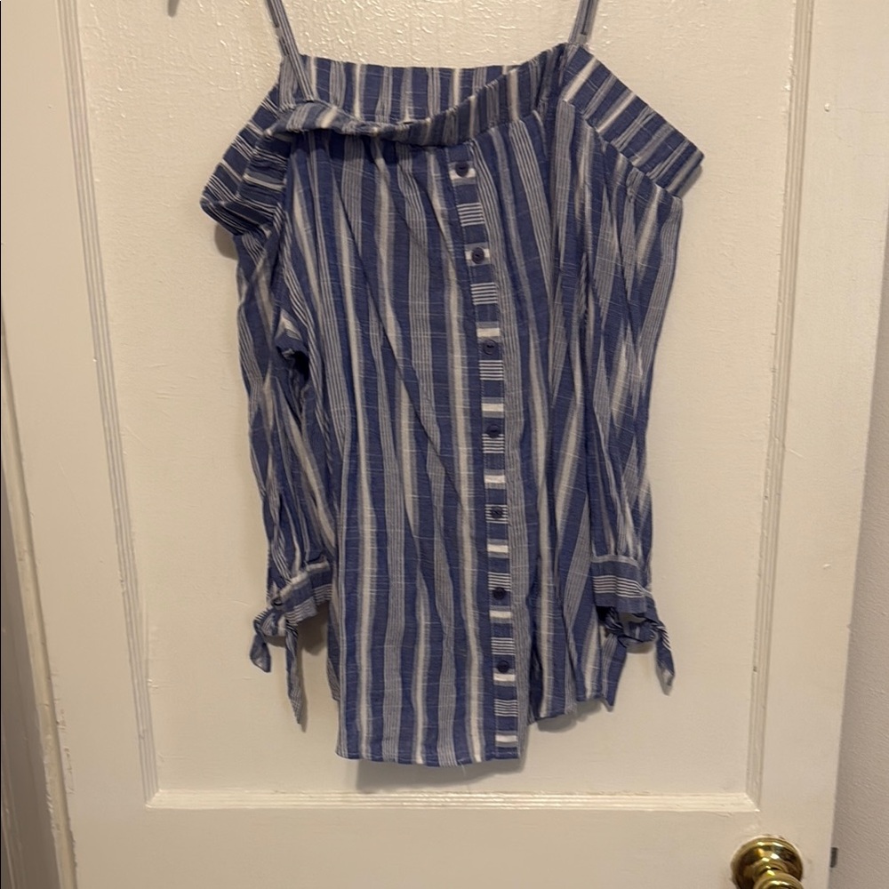 by & by Striped Off-Shoulder Blouse in Blue and White